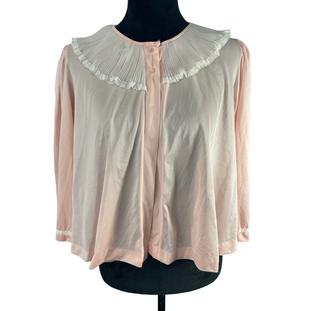 Vtg 1960's Miss Elaine Bed Jacket Pleated Chiffon & Lace Peach Peignoir Boudoir
